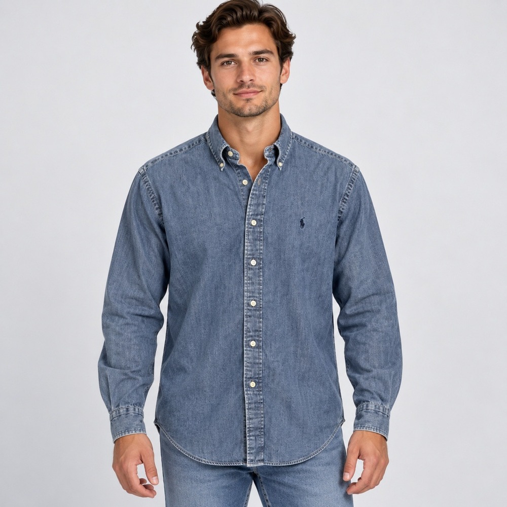 Ralph Lauren Yarmouth Denim Button Down Shirt Mens 15 34/35 Blue Long Sleeve